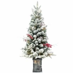 Promo 🧨 36" Pre-Lit And Pre-Decorated Flocked Artificial 🎅 Christmas Tree In Decorative Planter, Clear LED Lights by SantasWorkshop 🔔